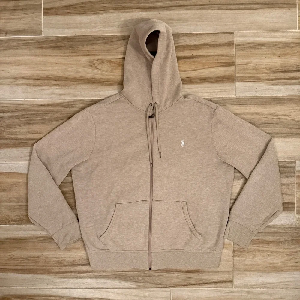 Polo Ralph Lauren Double Knit Full Zip Hoodie Beige Tan Heather Mens Size L